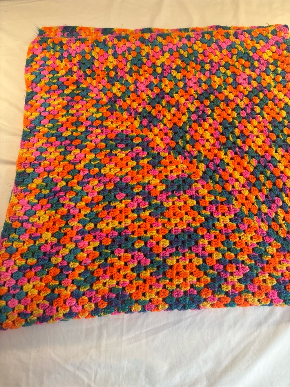 Handmade Multicolor Crochet Throw Blanket - Pink, Orange & Blue 54x53”